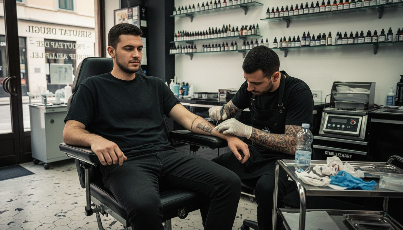 Un uomo seduto sulla poltrona del tatuatore si prepara con un po’ di tensione prima che inizi la seduta.