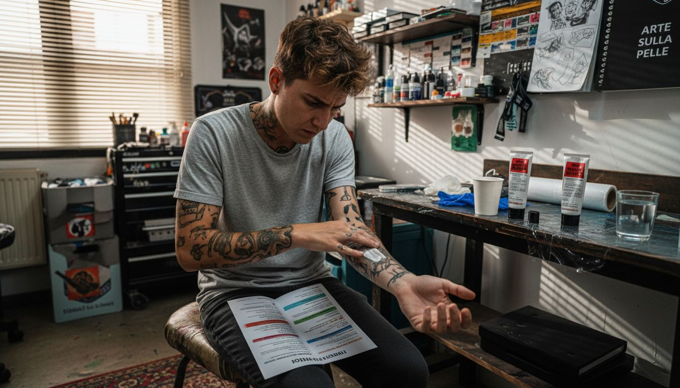 Preparazione del braccio con crema anestetica prima di un tatuaggio in studio