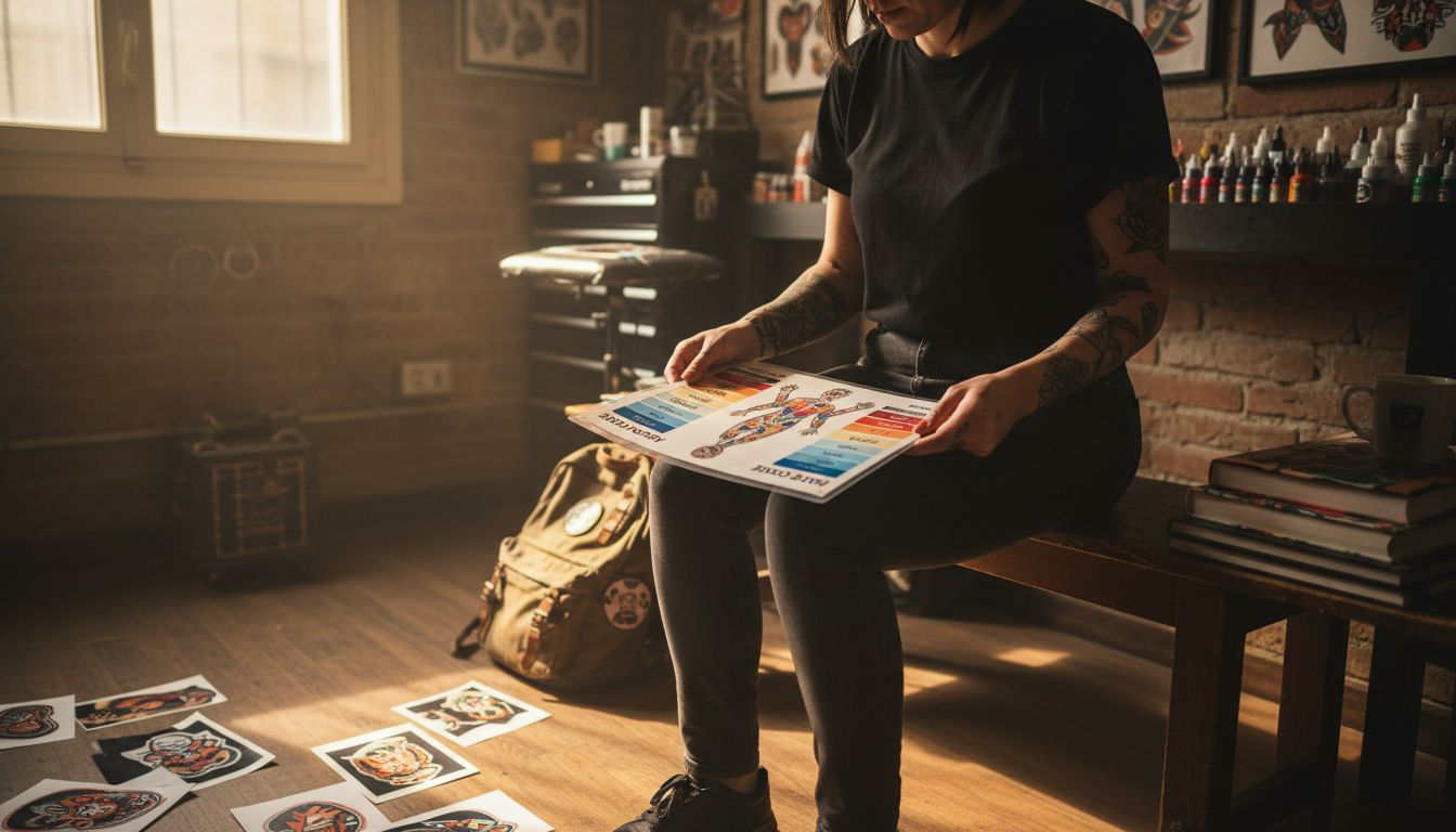 Tatuatore che consulta la mappa delle zone più sensibili del corpo