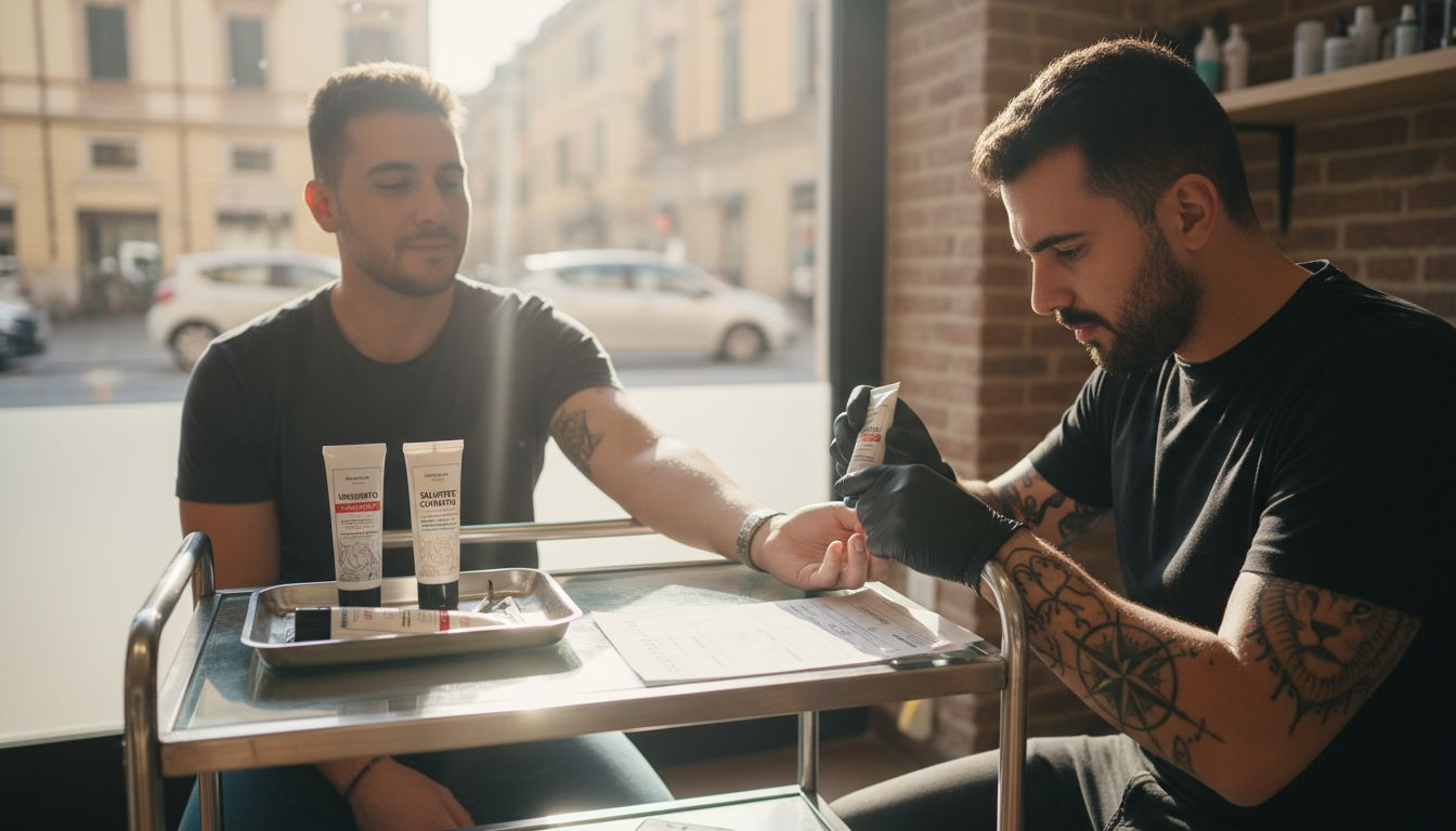 Il tatuatore stende una crema anestetica sulla pelle prima di iniziare il tatuaggio, per ridurre il fastidio durante la seduta.