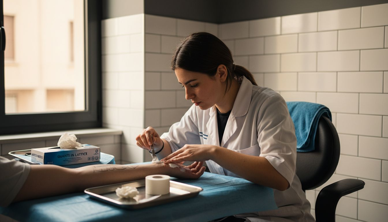Il tatuatore applica un anestetico locale sulla pelle prima di iniziare il lavoro, per ridurre il fastidio e garantire il massimo comfort al cliente.