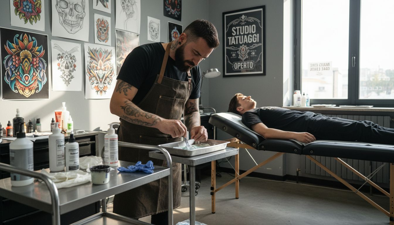 Il tatuatore sta preparando la crema anestetica prima di iniziare il tatuaggio in studio.