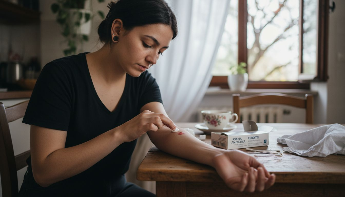 Una donna prova una crema anestetica applicandola sull’avambraccio.
