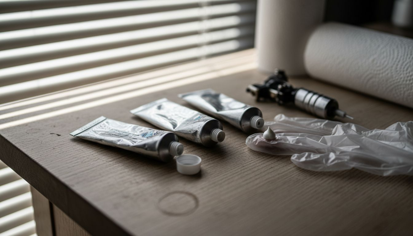 Varietà di tubetti di crema anestetica e postazione di lavoro