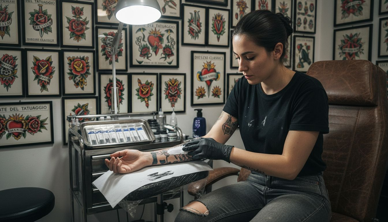 Il tatuatore applica la crema anestetica direttamente in studio prima di iniziare il lavoro.