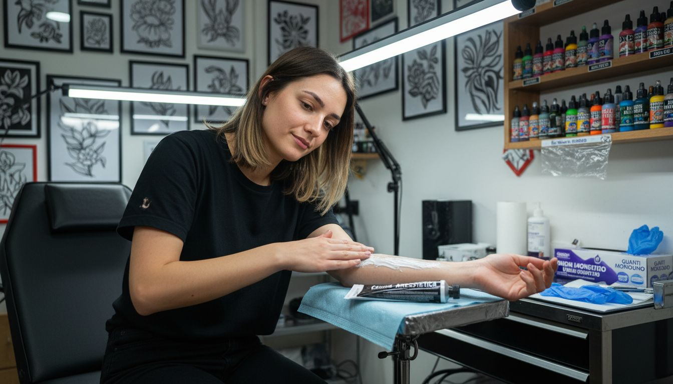 Donna che si spalma una crema anestetica sul braccio prima di farsi un tatuaggio