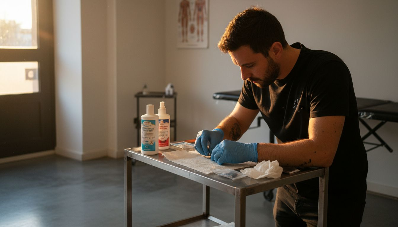 Un tatuatore sistema l’attrezzatura nel suo studio, perfettamente ordinato e igienizzato.