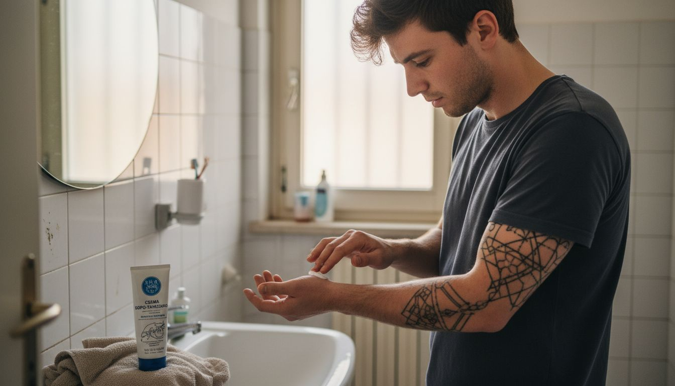 Sto mettendo la crema sul tatuaggio appena fatto, nel bagno di casa.