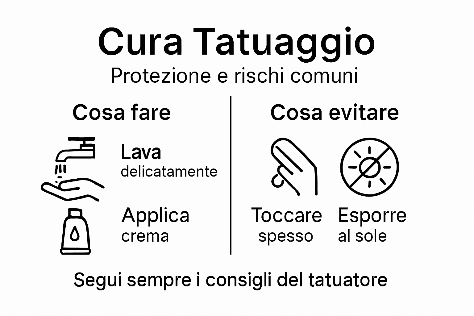 Guida illustrata su come prendersi cura del tatuaggio e su quali sono i principali rischi da tenere in considerazione