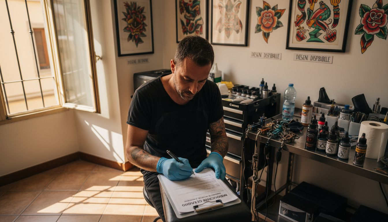 L’artista tatuatore controlla attentamente il modulo di consenso nel suo spazio di lavoro