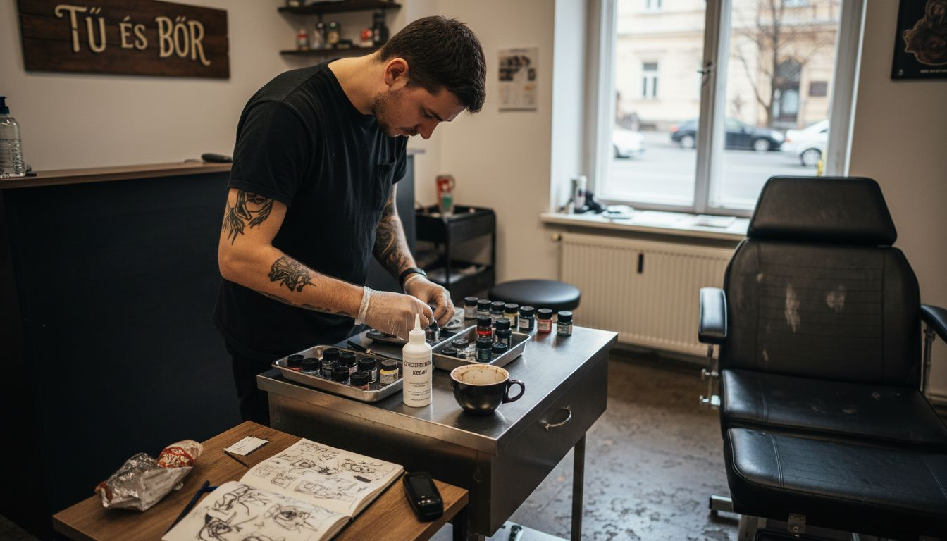 A tetoválóművész előkészíti az eszközöket, és érzéstelenítő krémet használ, hogy a tetoválás minél kényelmesebb legyen.