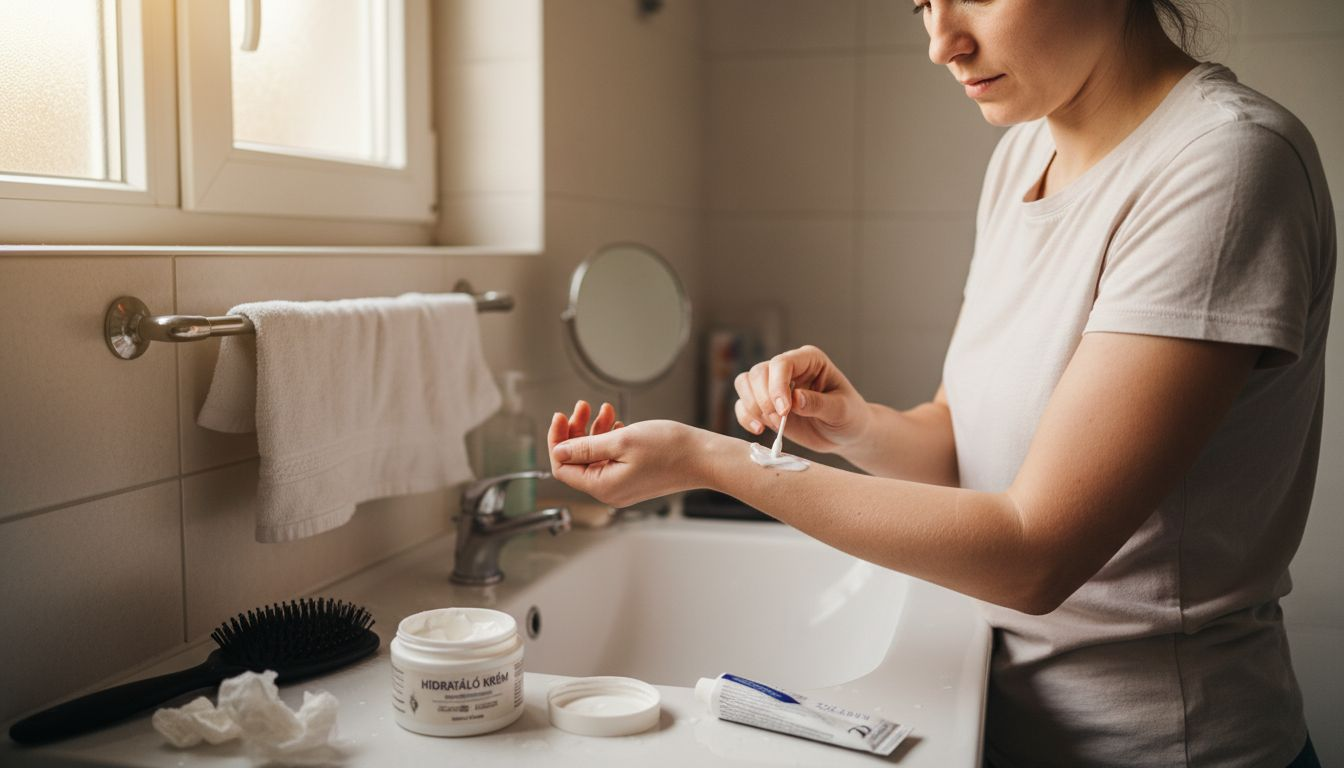 Egy nő tetoválás előtt érzéstelenítő krémet ken a bőrére a mosdónál.