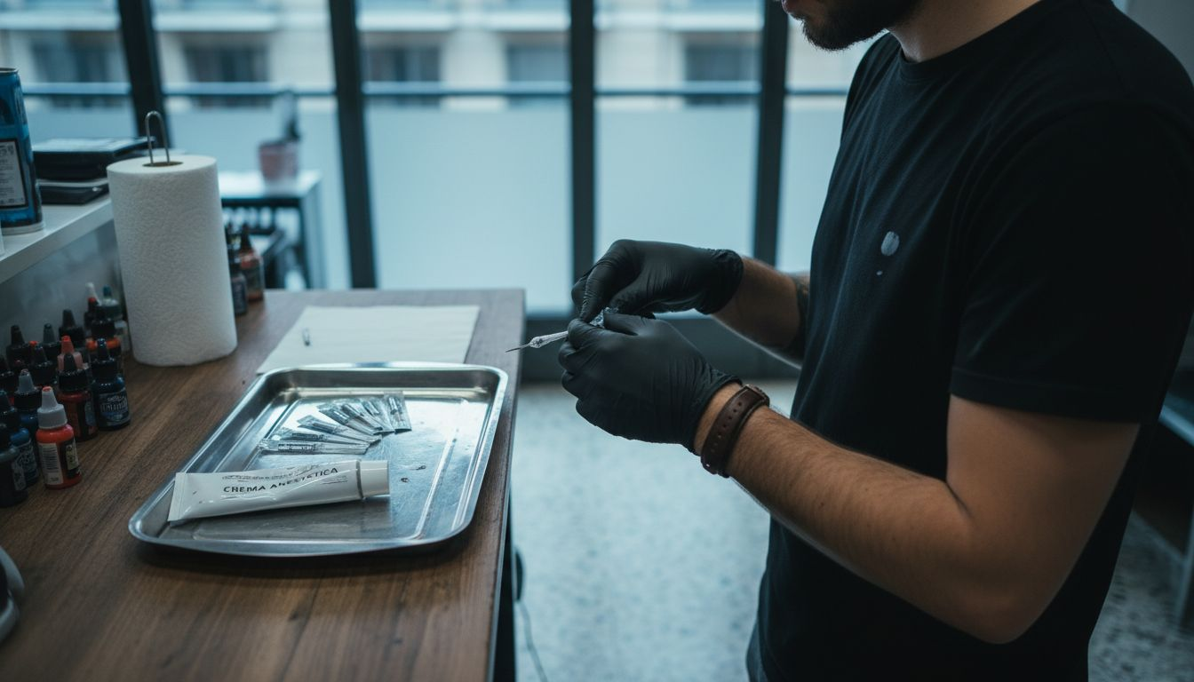 Tatuatore pronto all’opera con crema anestetica a disposizione