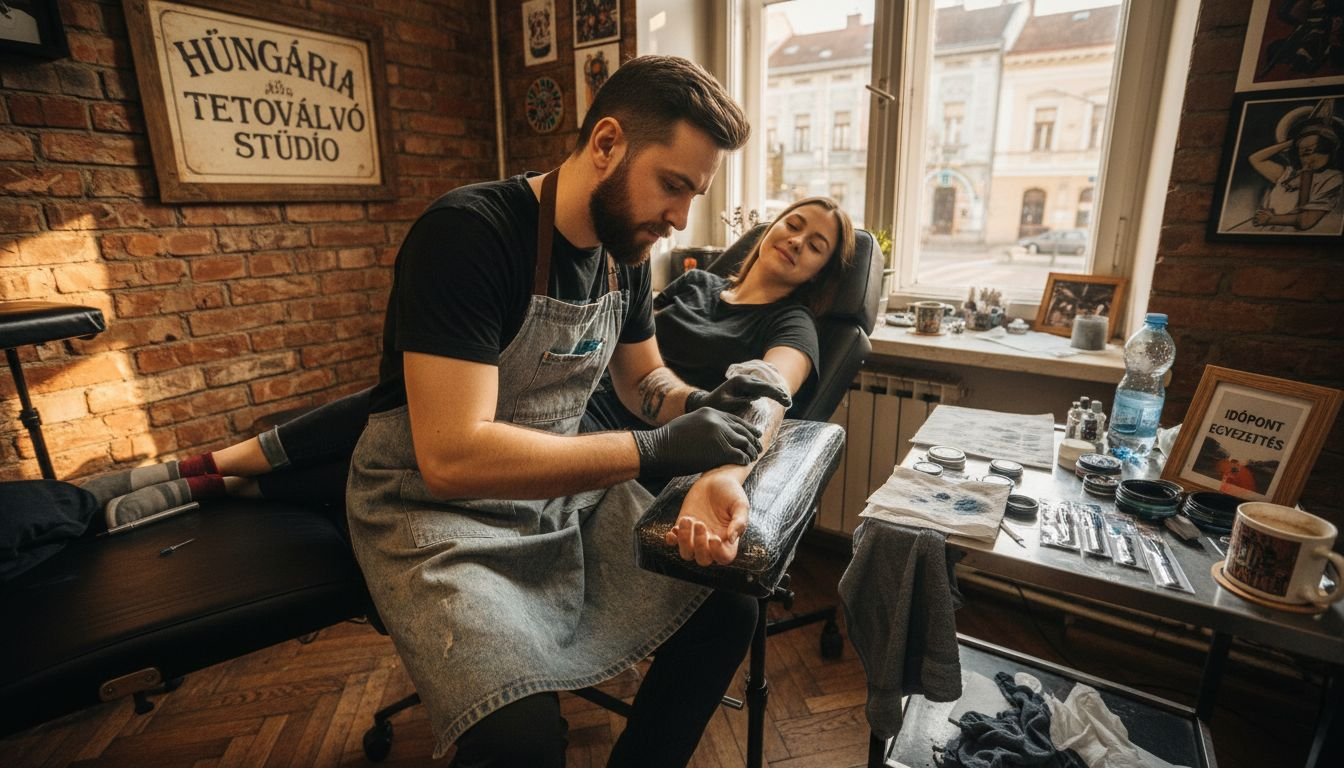 A tetoválómester érzéstelenítő krémet ken a vendég bőrére, hogy a tetoválás minél kényelmesebb legyen.