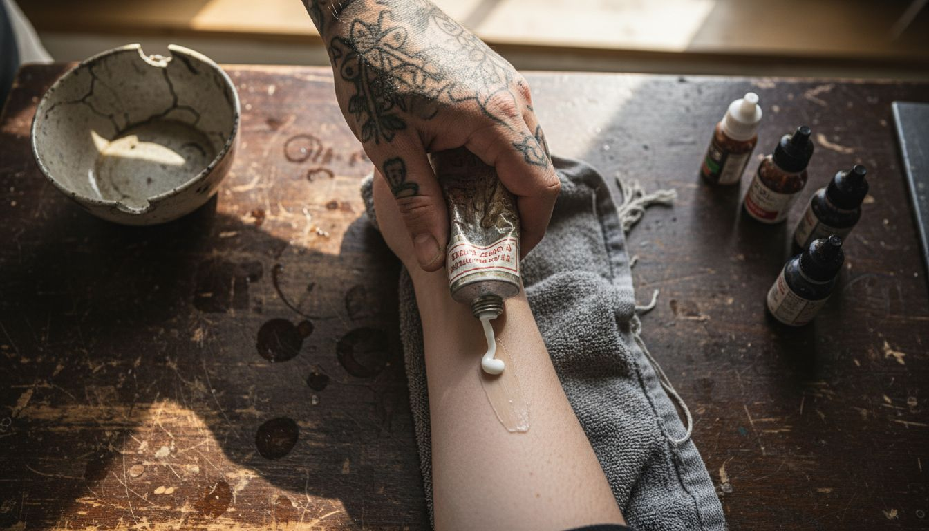 Kézzel viszik fel a tetováláshoz használt érzéstelenítő krémet a bőrre.