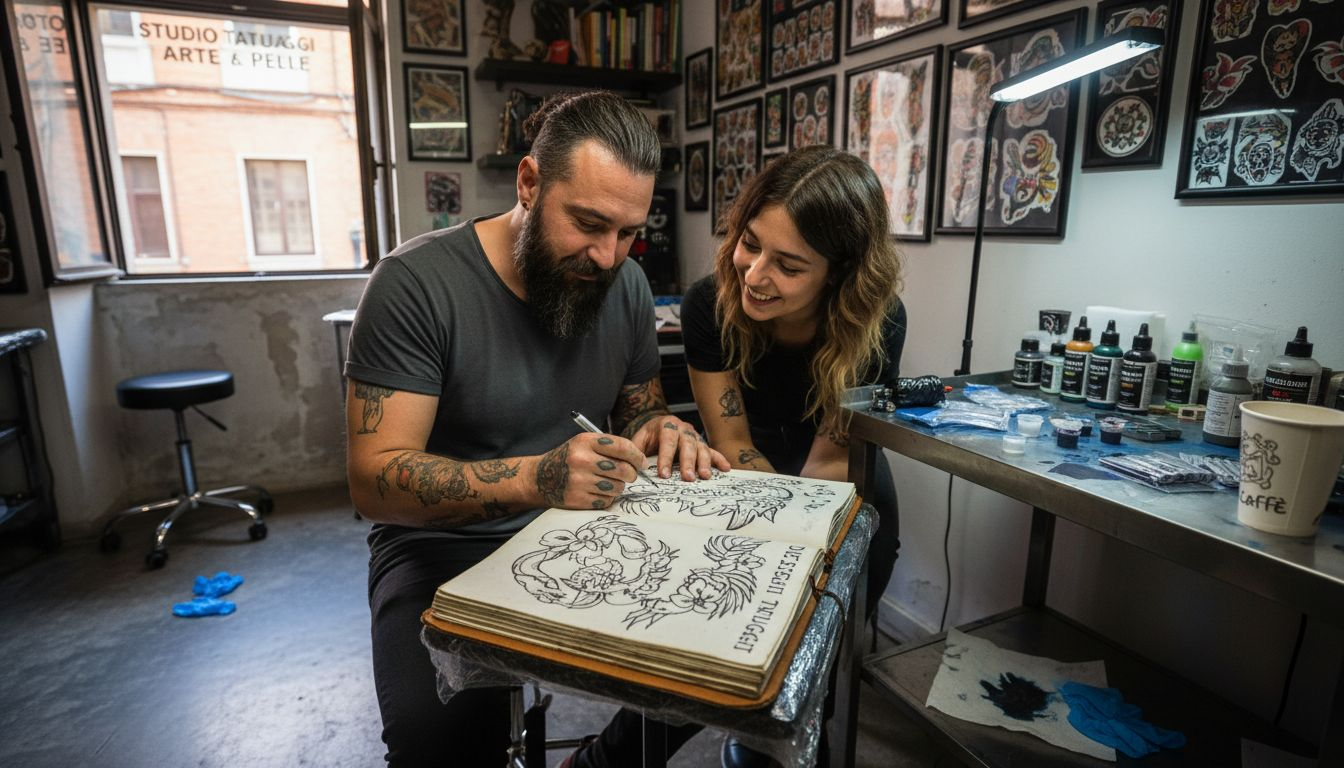 Un tatuatore che discute il progetto con un cliente nel suo studio