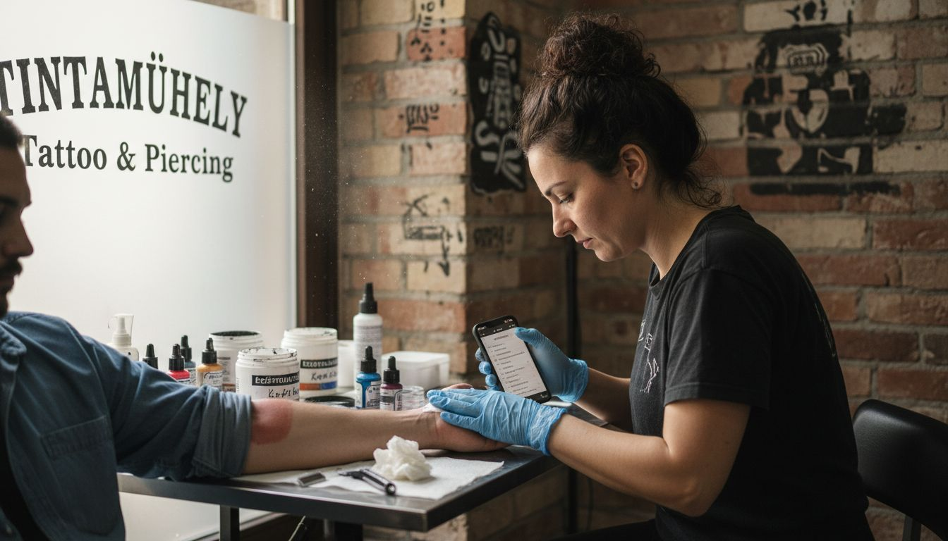 A tetováló éppen érzéstelenítő krémet ken a vendég alkarjára, hogy a folyamat kevésbé legyen fájdalmas.