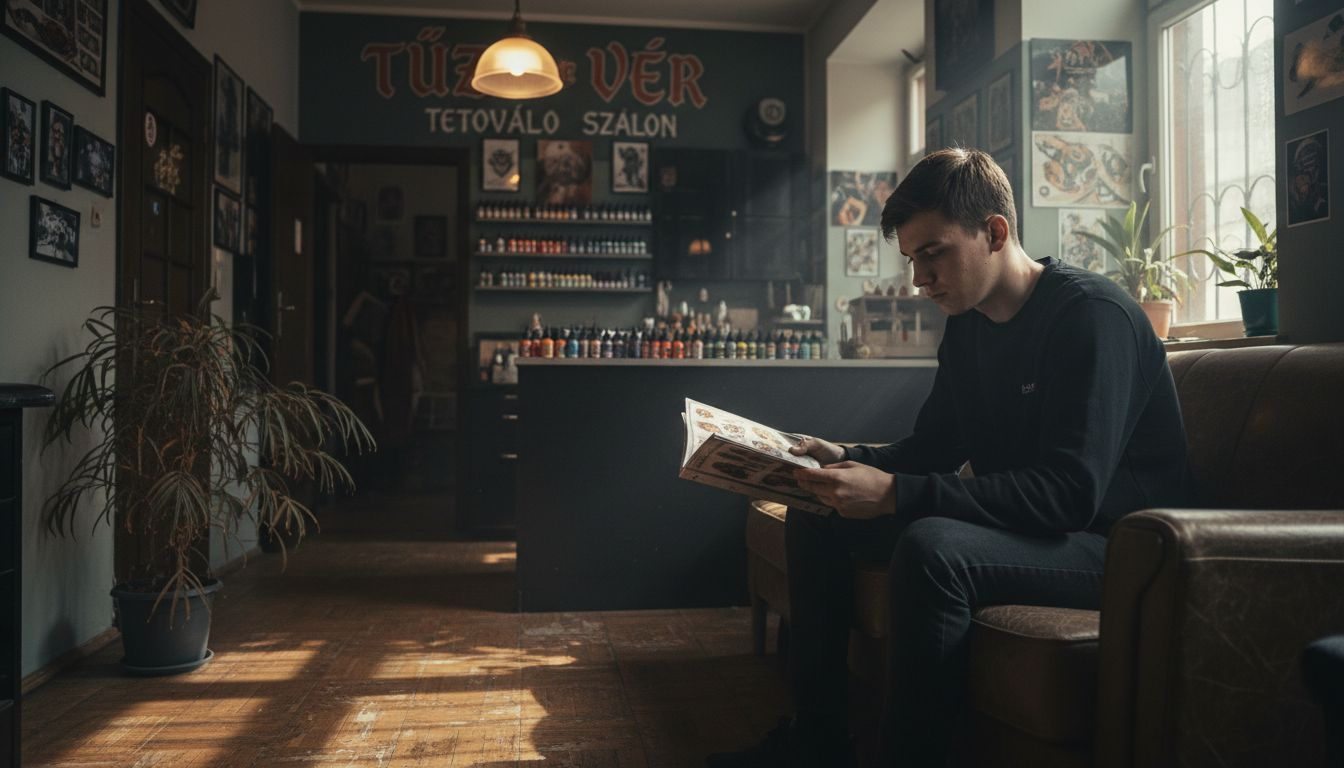 Egy fiatal srác elgondolkodva ül a tetoválószalonban.