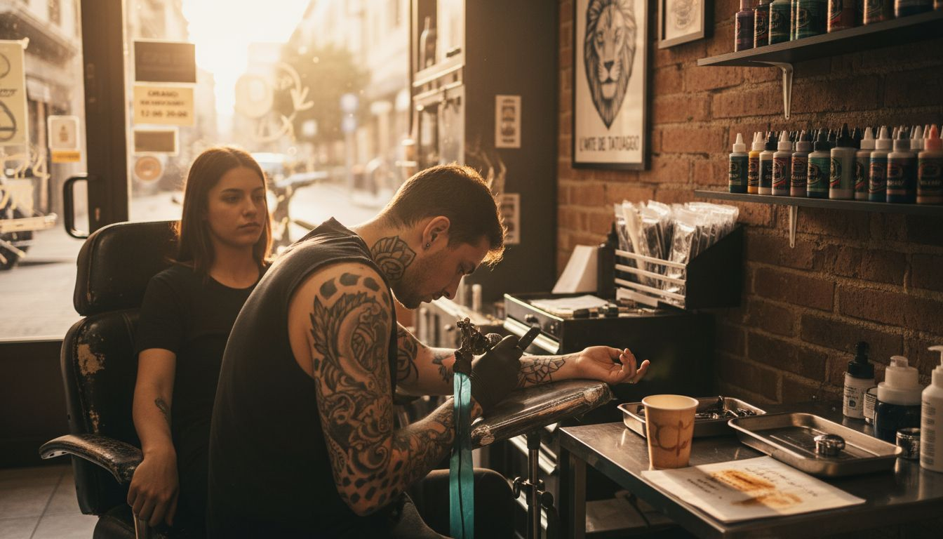 Tatuatore all’opera nel suo studio, illuminato dalla luce del sole