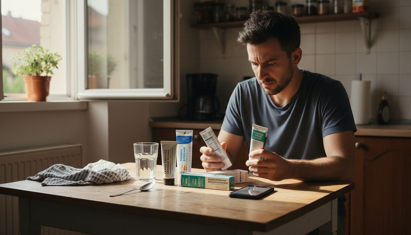 Férfi különböző tetováláshoz való érzéstelenítő krémeket hasonlít össze