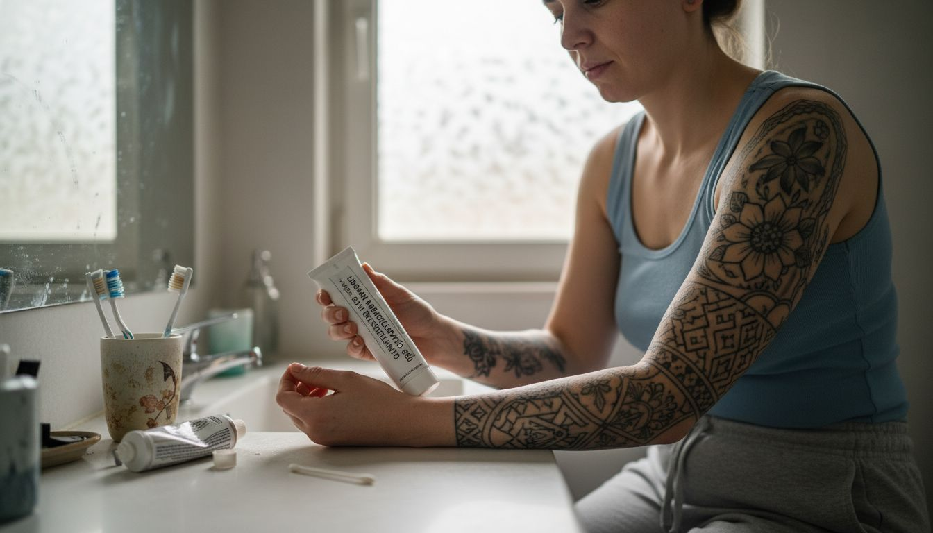 Egy nő alaposan átolvassa az érzéstelenítő krém összetevőit.