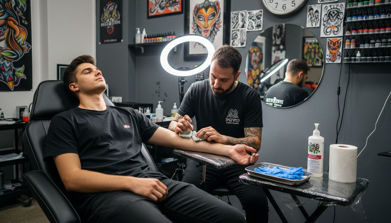 Il tatuatore si prende cura della pelle prima di iniziare il tatuaggio.