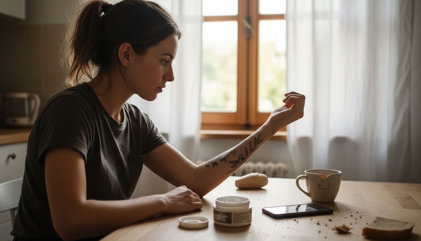 Una donna osserva attentamente come sta guarendo il suo tatuaggio.