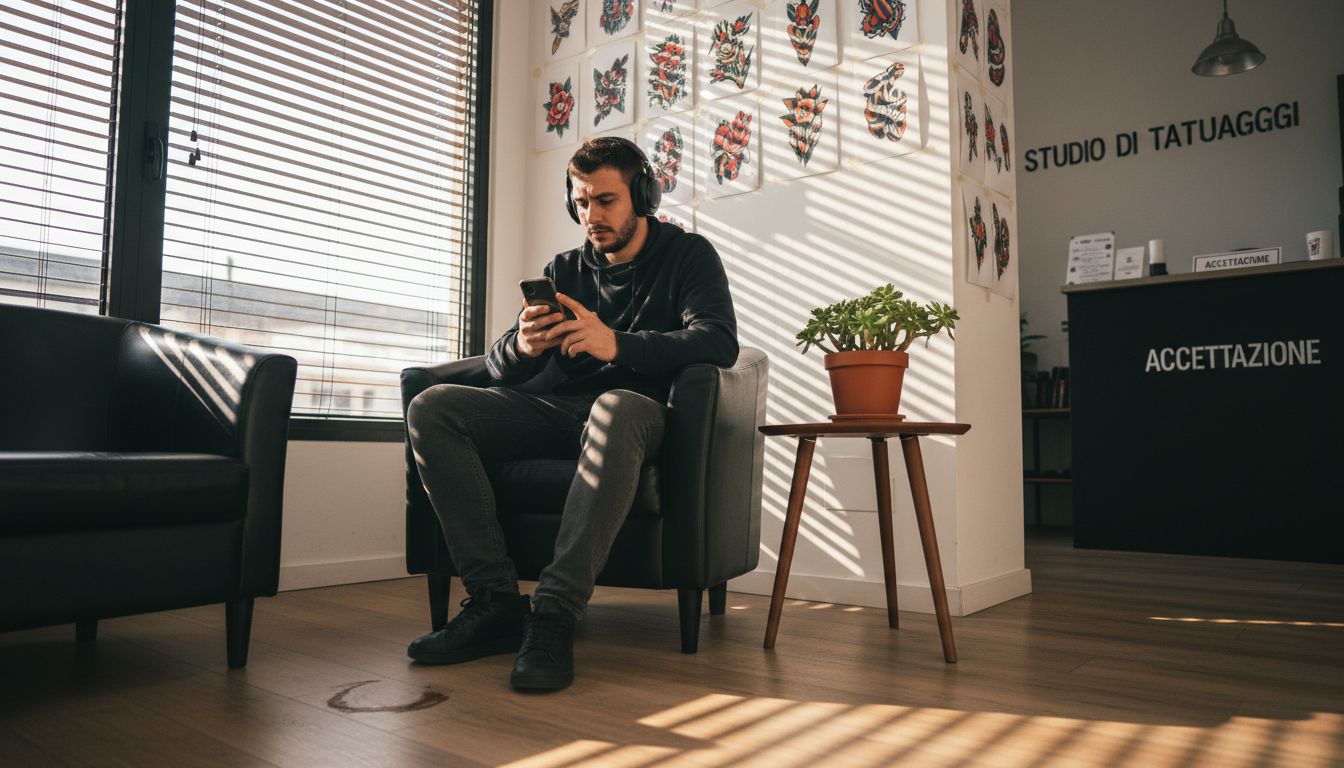 Una persona seduta nella sala d’attesa di uno studio di tatuaggi, visibilmente agitata e in ansia per il momento che sta per arrivare.