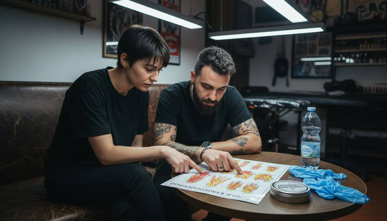 Tatuatore e cliente che insieme consultano la tabella delle zone più dolorose