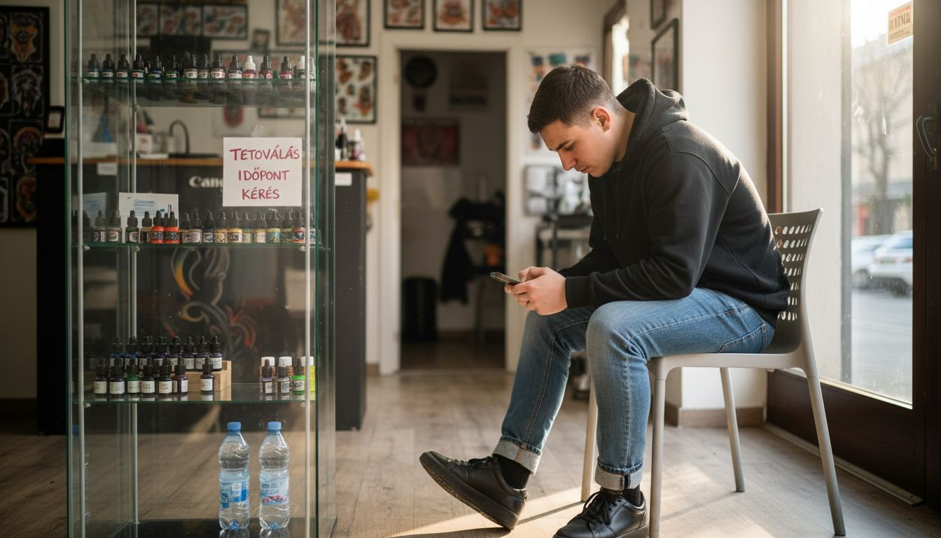 Egy kissé ideges férfi várakozik a tetoválószalonban.