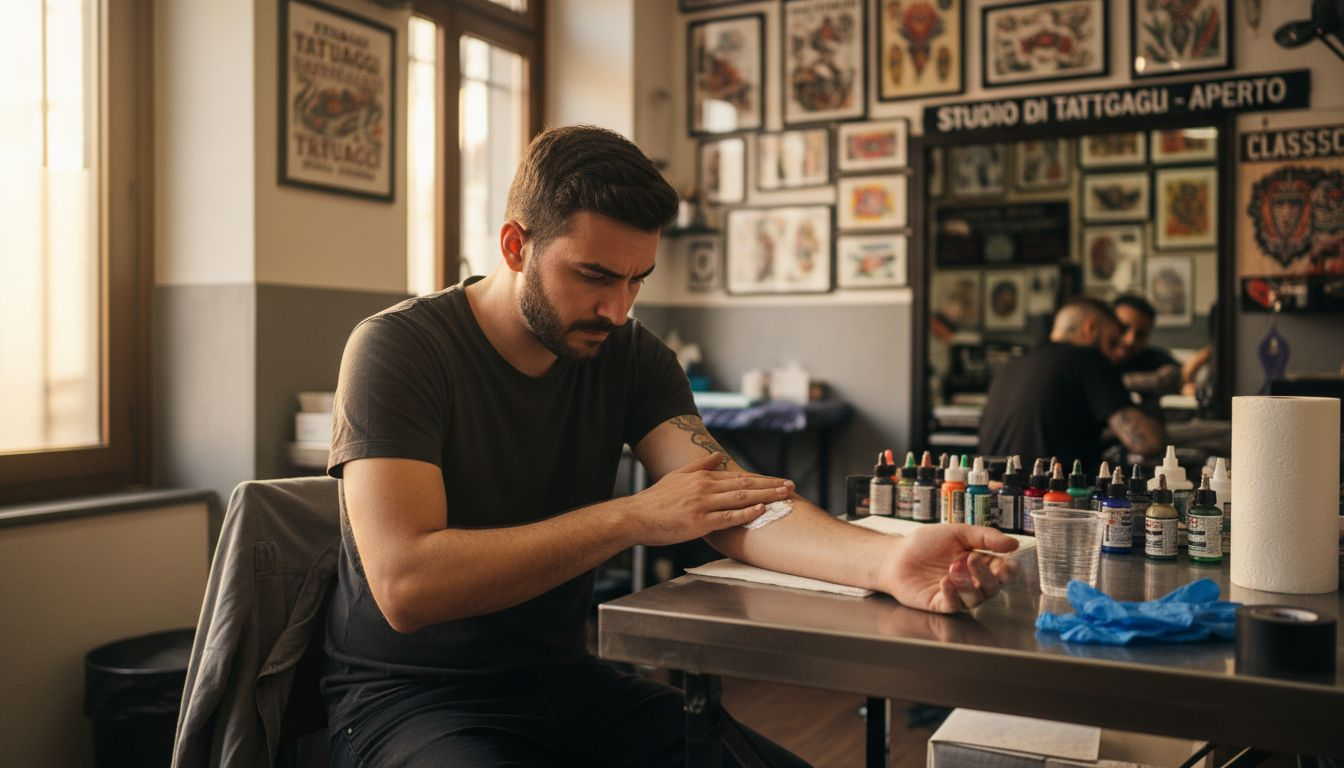 Un uomo stende una crema anestetica sulla pelle prima di farsi tatuare in uno studio specializzato.