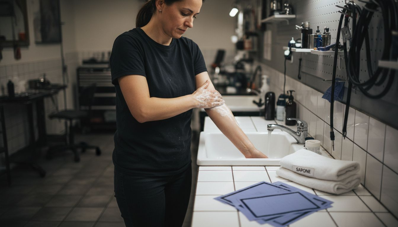 Prima di iniziare la seduta di tatuaggio, è fondamentale detergere accuratamente la pelle per garantire igiene e sicurezza durante il procedimento.