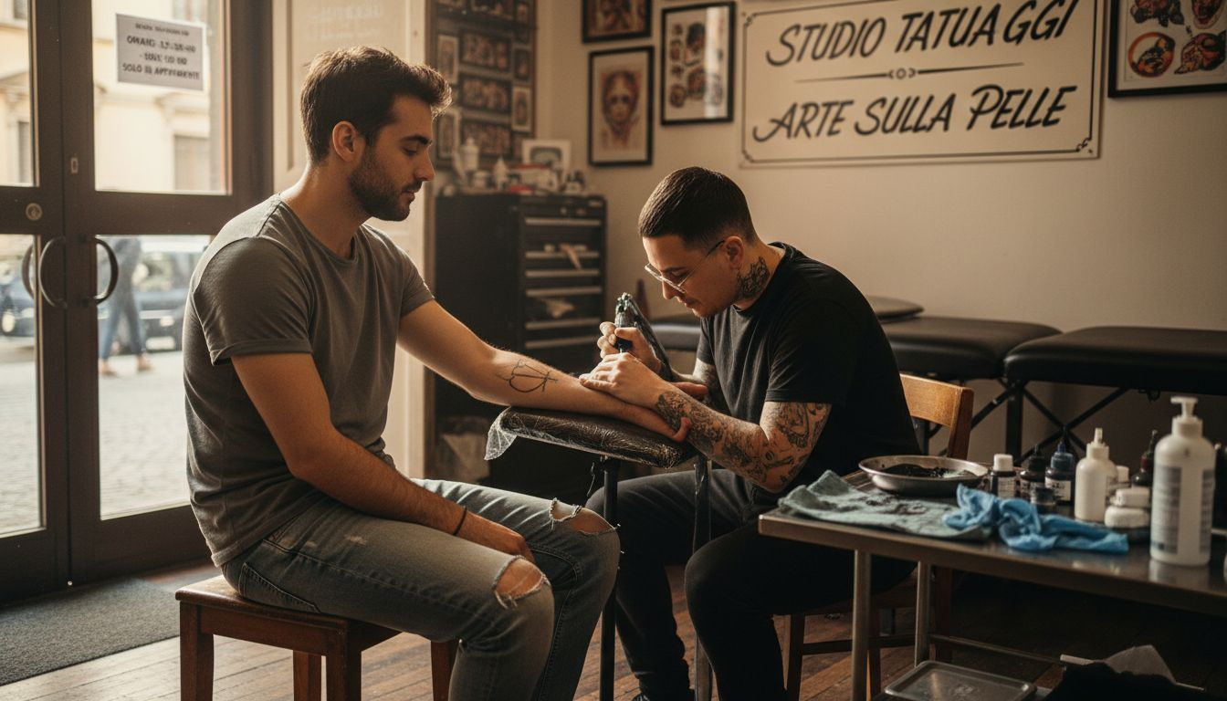Un ragazzo alle prese con il suo primo tatuaggio sull’avambraccio, seduto nel classico studio di tatuaggi e visibilmente emozionato.
