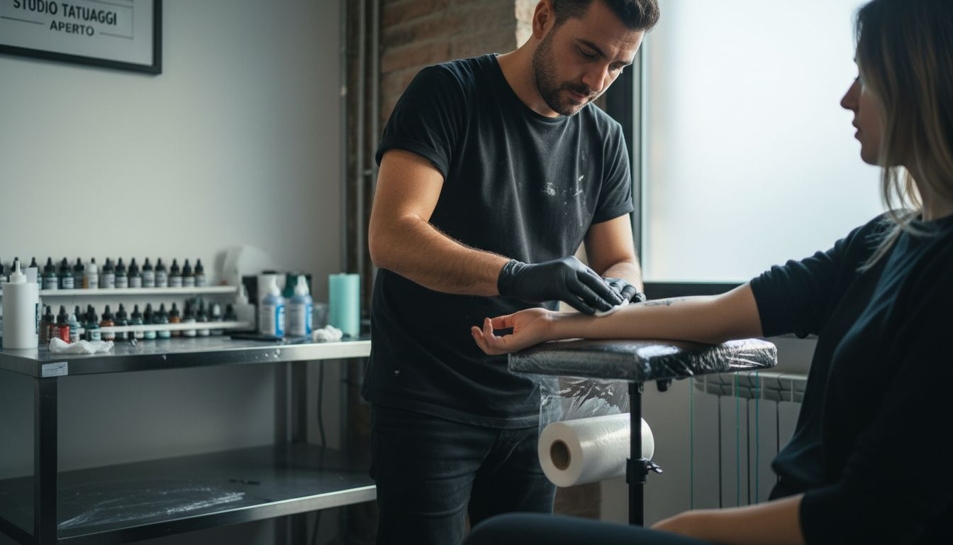 Il tatuatore disinfetta accuratamente l’avambraccio del cliente prima di iniziare la seduta.