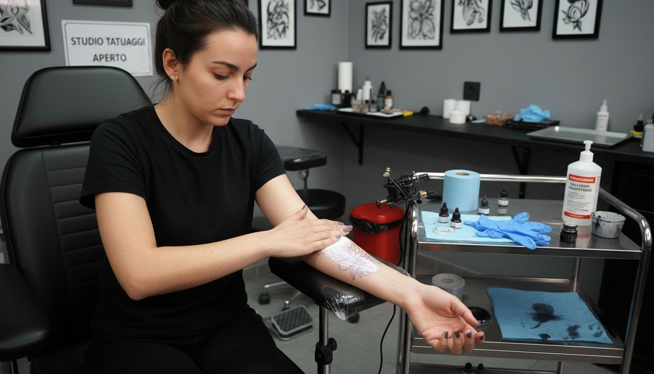 Donna che applica una crema anestetica prima di realizzare un tatuaggio in studio