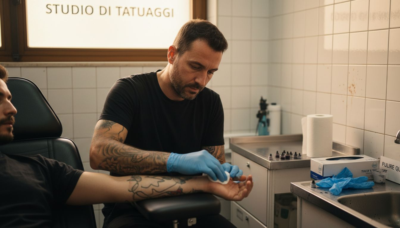 Il tatuatore deterge accuratamente la pelle del cliente prima di iniziare il lavoro in studio.