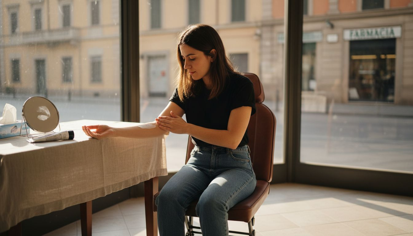 Una donna si spalma una crema anestetica per tatuaggi mentre si trova in farmacia.