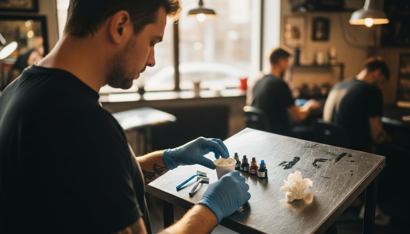 Il tatuatore si sta preparando a utilizzare gli strumenti necessari per applicare la crema anestetica.