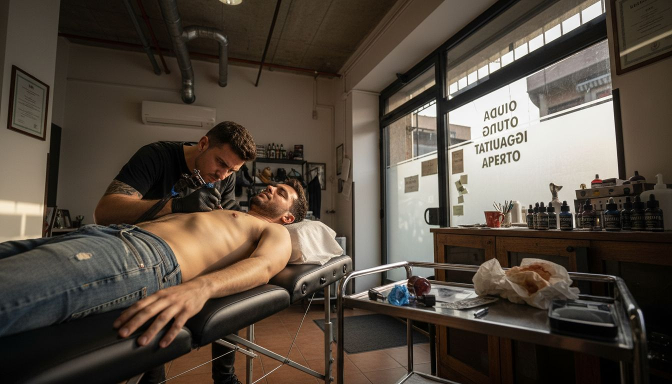 Tattoo artist all'opera sulla delicata zona delle costole, una delle parti più dolorose da tatuare.