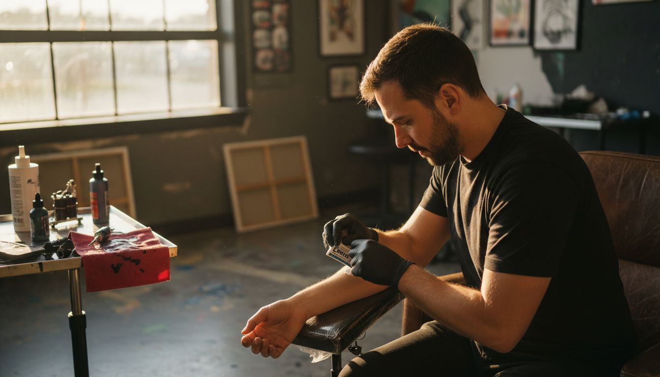 Il tatuatore spalma la crema Emla sul braccio del cliente prima di iniziare il lavoro.