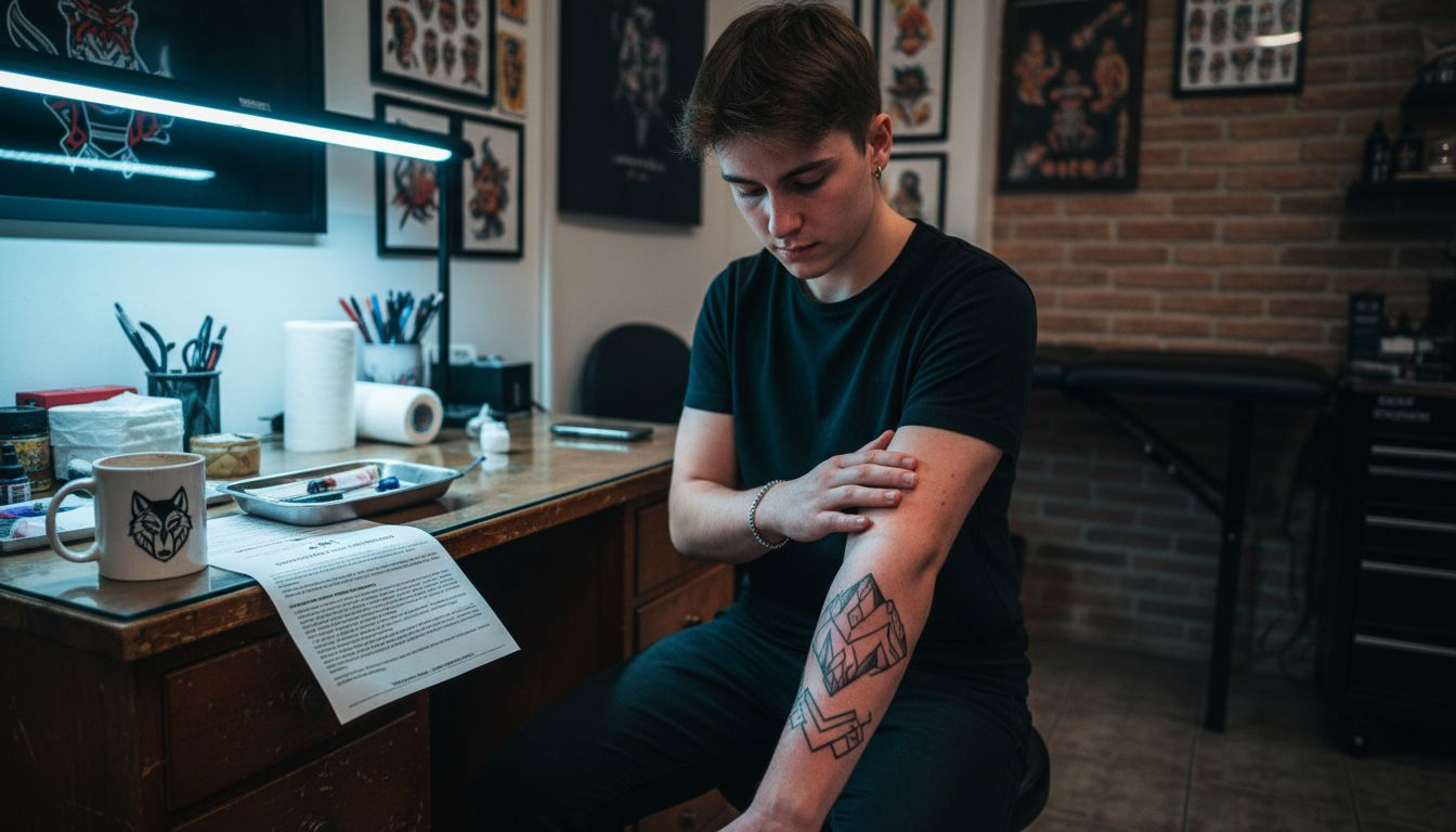 Il cliente si osserva il braccio tatuato dopo l’anestesia