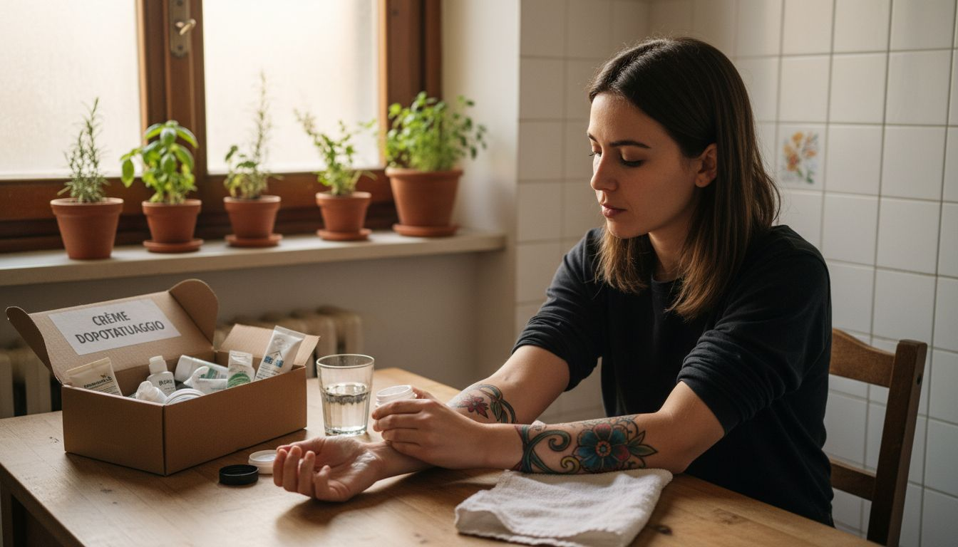 Una donna si prende cura del suo nuovo tatuaggio applicando una crema specifica mentre è seduta al tavolo della cucina.