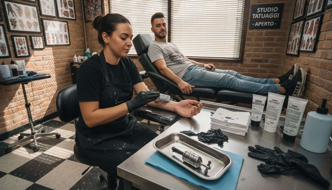 Il tatuatore stende la crema anestetica sull’avambraccio prima di iniziare il lavoro.