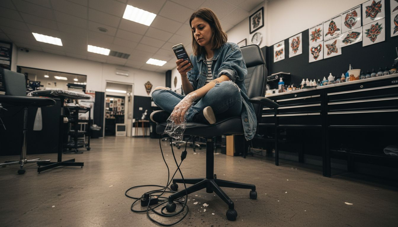 Il cliente si prende qualche momento di relax in studio prima di iniziare la seduta di tatuaggio.