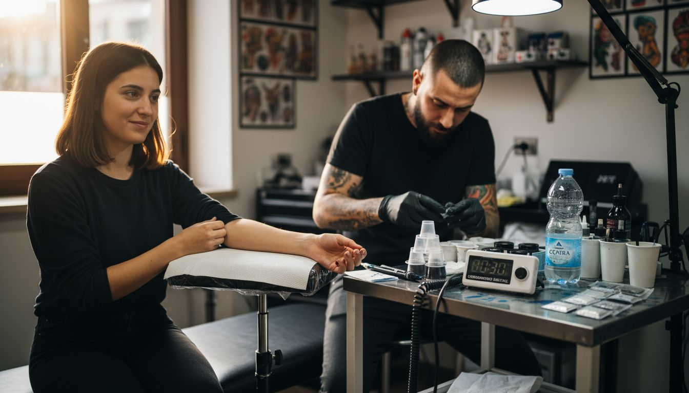 Cliente nello studio di tatuaggi pronto per una seduta indolore