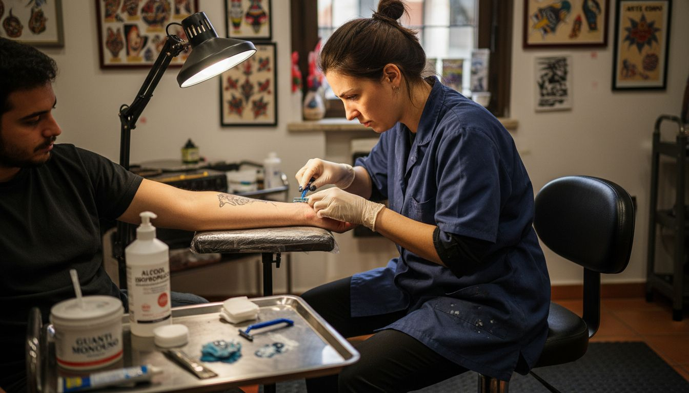 Il tatuatore si prende cura di igienizzare e preparare la pelle del cliente prima di iniziare il tatuaggio.