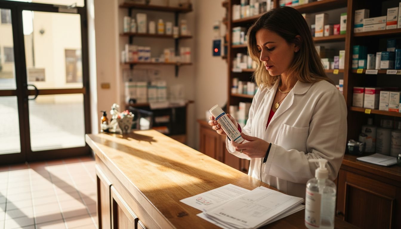 Il farmacista controlla una crema anestetica al banco della farmacia.