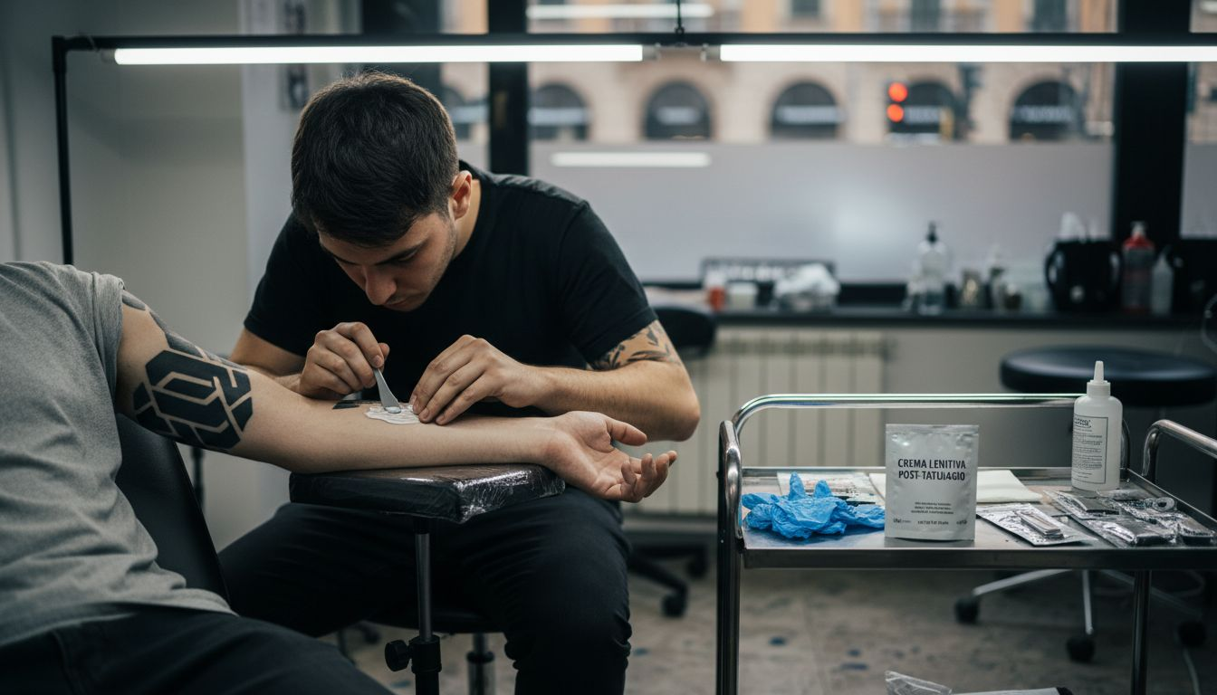Il tatuatore stende la crema anestetica sulla pelle prima di iniziare il tatuaggio.