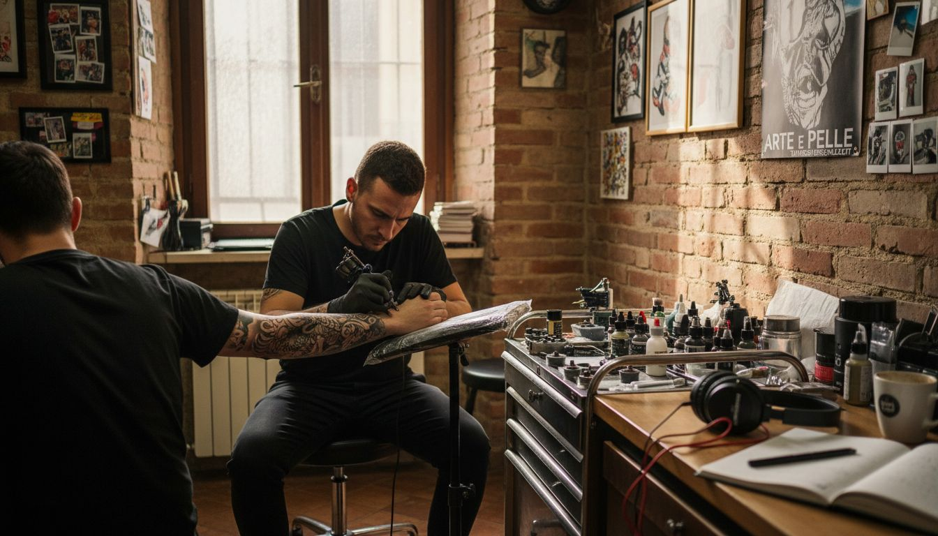 Tatuatore che lavora in un piccolo studio