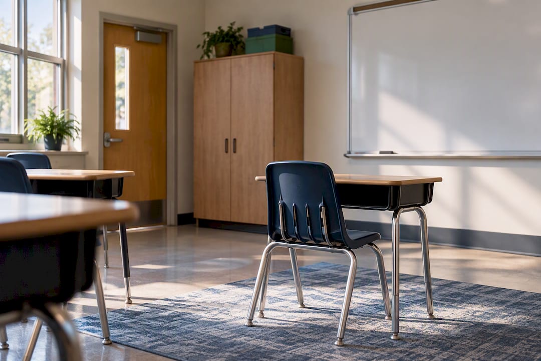 Classroom desk positioned near teaching area
